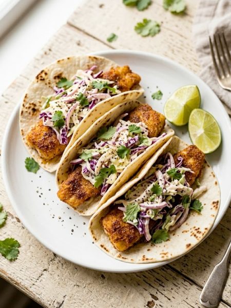 Three crispy air fryer fish tacos topped with creamy coleslaw and fresh cilantro on a white plate with lime wedges on the side
