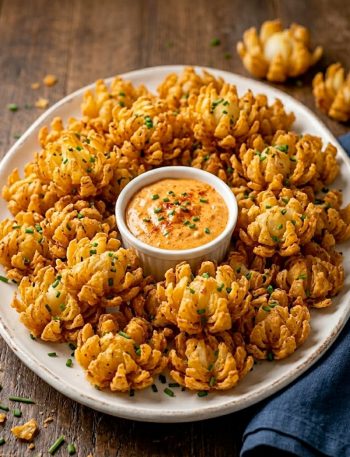 Overhead view of a white platter piled with golden crispy mini blooming onions garnished with fresh chives, with a small bowl of creamy smoked paprika dipping sauce in the center, styled on a dark wooden surface