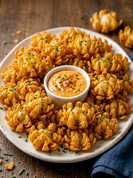 Overhead view of a white platter piled with golden crispy mini blooming onions garnished with fresh chives, with a small bowl of creamy smoked paprika dipping sauce in the center, styled on a dark wooden surface