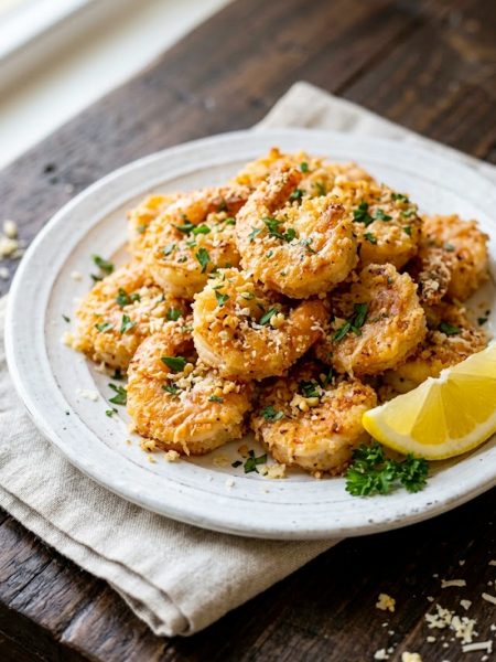 Crispy air fryer garlic parmesan shrimp on a white plate garnished with fresh parsley