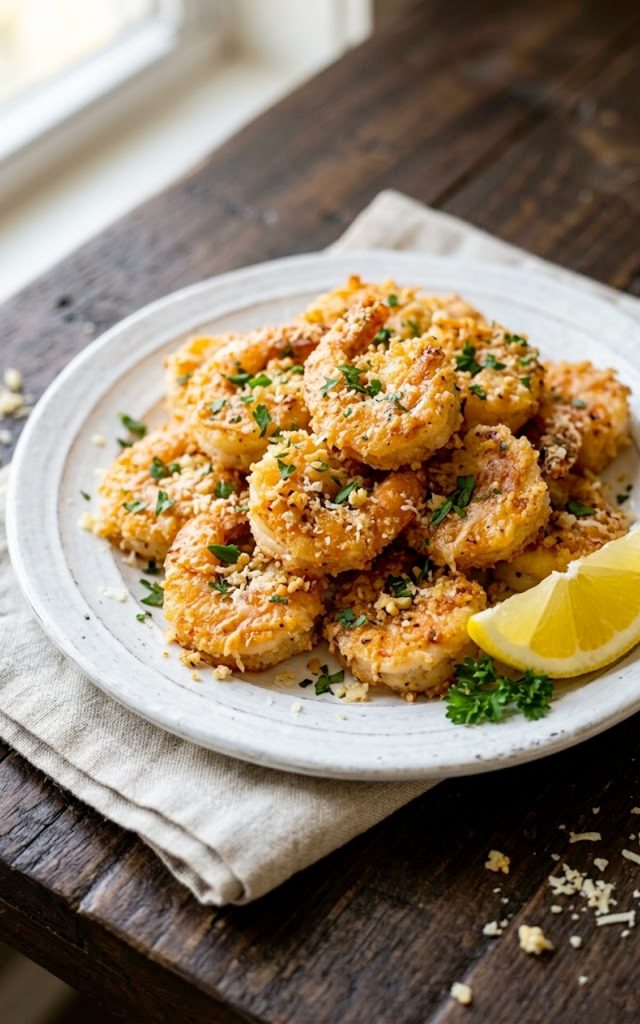 Crispy air fryer garlic parmesan shrimp on a white plate garnished with fresh parsley