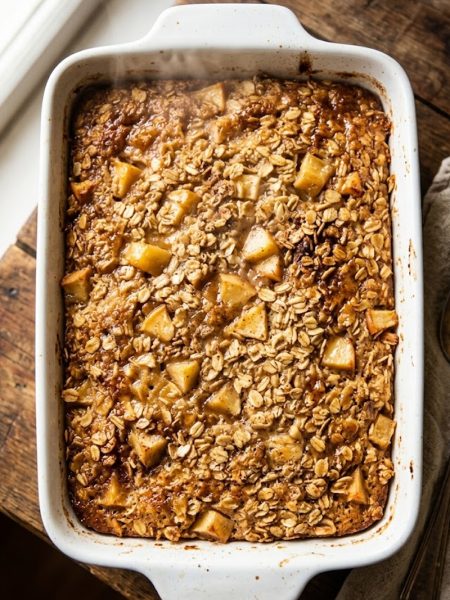 A close-up of golden Amish-style apple and cinnamon baked oatmeal in a white baking dish with tender apple chunks and a caramelized golden top