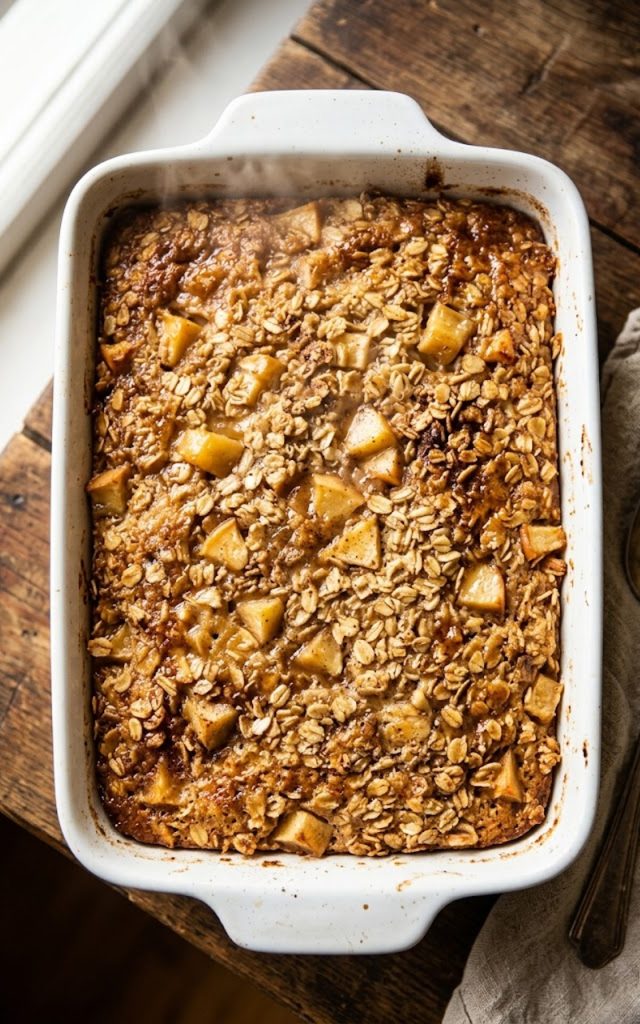 A close-up of golden Amish-style apple and cinnamon baked oatmeal in a white baking dish with tender apple chunks and a caramelized golden top