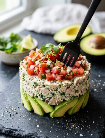 A beautifully layered avocado tuna salad stack with sliced avocado on the bottom, creamy tuna in the middle and fresh diced tomato pico on top on a dark slate surface