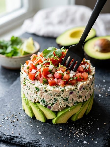 A beautifully layered avocado tuna salad stack with sliced avocado on the bottom, creamy tuna in the middle and fresh diced tomato pico on top on a dark slate surface