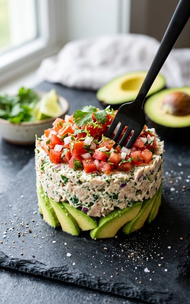 A beautifully layered avocado tuna salad stack with sliced avocado on the bottom, creamy tuna in the middle and fresh diced tomato pico on top on a dark slate surface