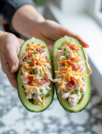 Four bacon ranch chicken salad cucumber boats arranged on a white ceramic plate showing creamy ranch chicken salad filling with crispy bacon crumbles, shredded cheddar cheese, and fresh chives on top