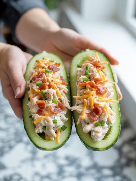 Four bacon ranch chicken salad cucumber boats arranged on a white ceramic plate showing creamy ranch chicken salad filling with crispy bacon crumbles, shredded cheddar cheese, and fresh chives on top