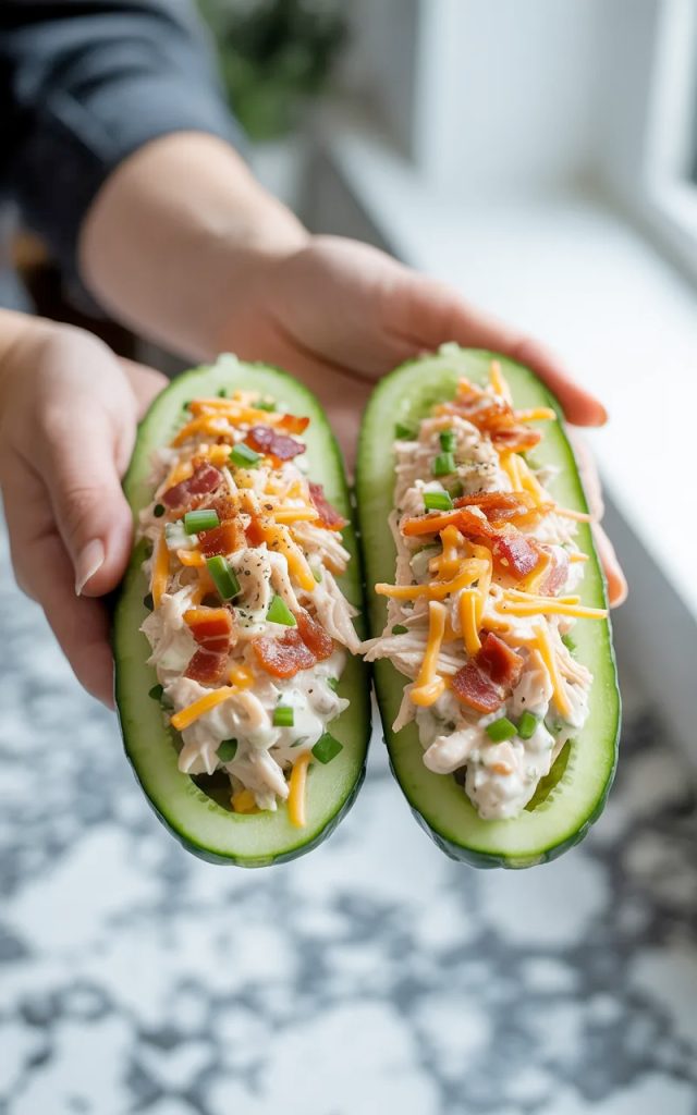 Four bacon ranch chicken salad cucumber boats arranged on a white ceramic plate showing creamy ranch chicken salad filling with crispy bacon crumbles, shredded cheddar cheese, and fresh chives on top