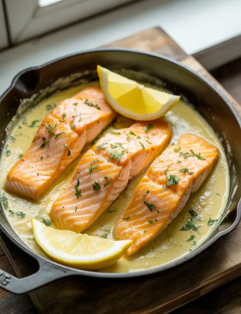Golden seared salmon fillets in a creamy lemon butter sauce garnished with fresh parsley and lemon slices in a cast iron skillet