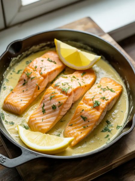 Golden seared salmon fillets in a creamy lemon butter sauce garnished with fresh parsley and lemon slices in a cast iron skillet