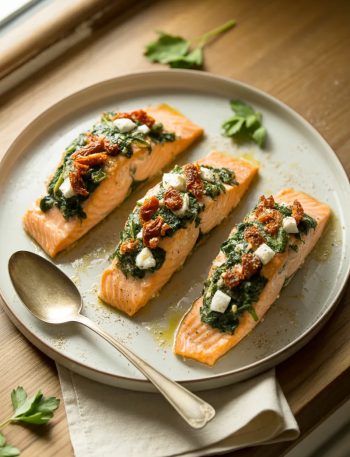 Three baked stuffed salmon fillets on a large white ceramic serving plate each filled with vivid green spinach crumbled feta and red sun-dried tomatoes garnished with cracked black pepper and fresh parsley