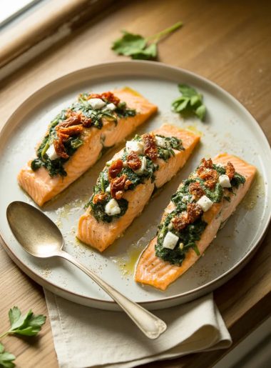 Three baked stuffed salmon fillets on a large white ceramic serving plate each filled with vivid green spinach crumbled feta and red sun-dried tomatoes garnished with cracked black pepper and fresh parsley