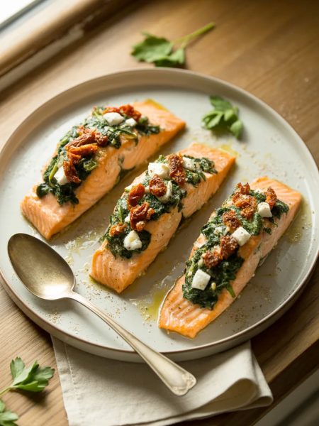 Three baked stuffed salmon fillets on a large white ceramic serving plate each filled with vivid green spinach crumbled feta and red sun-dried tomatoes garnished with cracked black pepper and fresh parsley