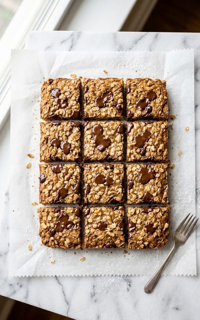 Close-up of sliced banana bread oatmeal bars with chocolate chips on a white marble surface