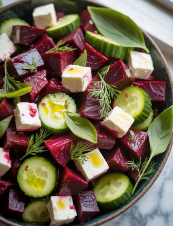 A dark ceramic bowl filled with vibrant beet feta cucumber salad showing deep crimson beet cubes bright green cucumber rounds white feta chunks and fresh dill and basil garnish