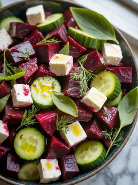 A dark ceramic bowl filled with vibrant beet feta cucumber salad showing deep crimson beet cubes bright green cucumber rounds white feta chunks and fresh dill and basil garnish
