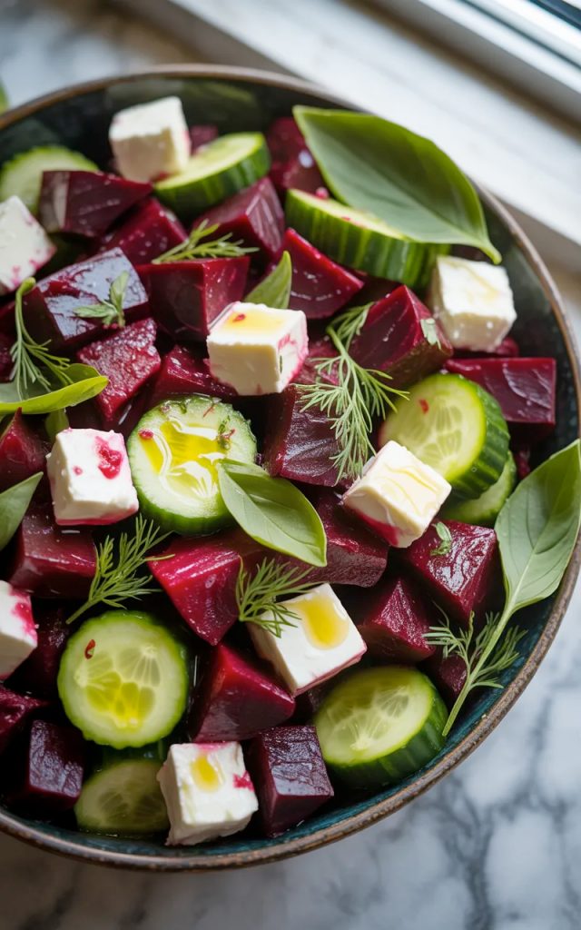 A dark ceramic bowl filled with vibrant beet feta cucumber salad showing deep crimson beet cubes bright green cucumber rounds white feta chunks and fresh dill and basil garnish