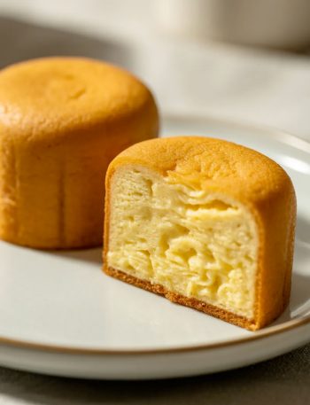 Two small round Chinese egg cakes on a white ceramic plate, one sliced in half showing the pale yellow airy sponge interior against the deep golden caramelized exterior, on a light surface with soft natural lighting
