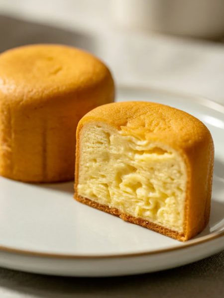 Two small round Chinese egg cakes on a white ceramic plate, one sliced in half showing the pale yellow airy sponge interior against the deep golden caramelized exterior, on a light surface with soft natural lighting