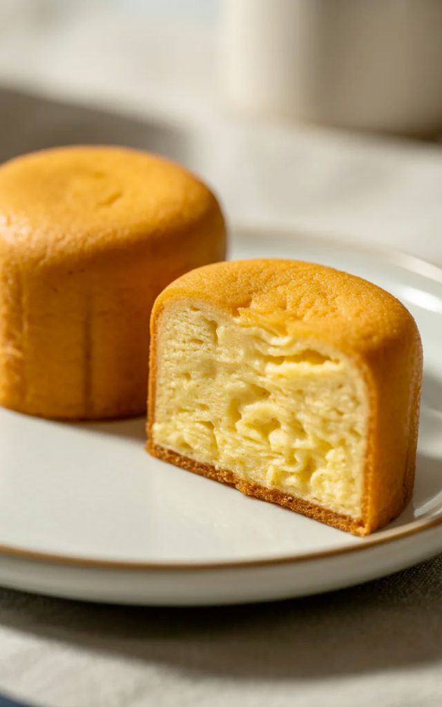 Two small round Chinese egg cakes on a white ceramic plate, one sliced in half showing the pale yellow airy sponge interior against the deep golden caramelized exterior, on a light surface with soft natural lighting