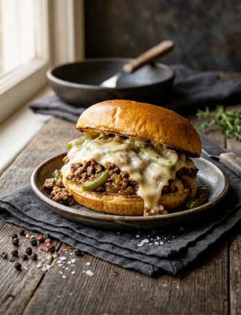 Philly cheesesteak sloppy joe sandwich with melted provolone and sauteed peppers on a brioche bun, styled for Pinterest with text overlay space at the bottom