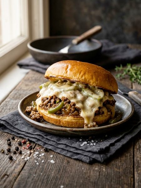 Philly cheesesteak sloppy joe sandwich with melted provolone and sauteed peppers on a brioche bun, styled for Pinterest with text overlay space at the bottom