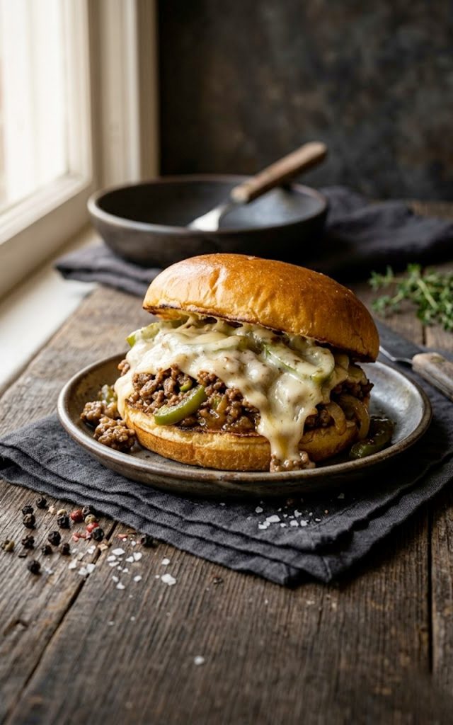 Philly cheesesteak sloppy joe sandwich with melted provolone and sauteed peppers on a brioche bun, styled for Pinterest with text overlay space at the bottom
