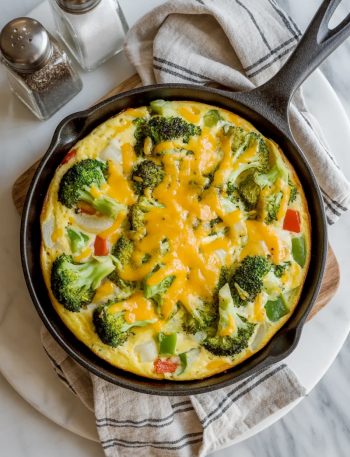 Golden baked vegetable frittata in a black cast iron skillet on a marble surface, loaded with broccoli, red and green bell peppers, and melted cheddar cheese on top