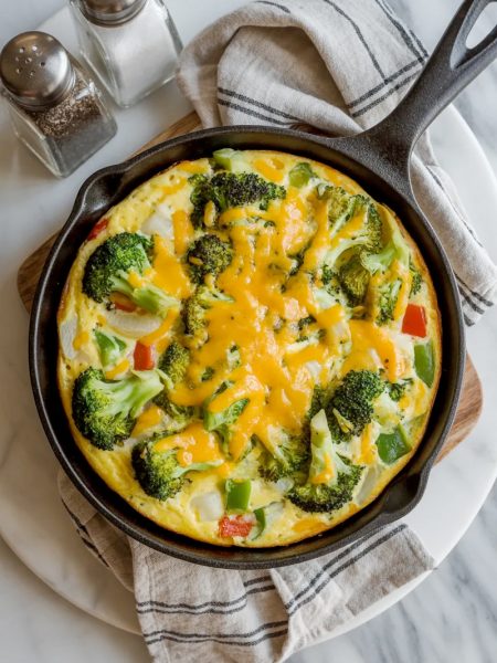 Golden baked vegetable frittata in a black cast iron skillet on a marble surface, loaded with broccoli, red and green bell peppers, and melted cheddar cheese on top