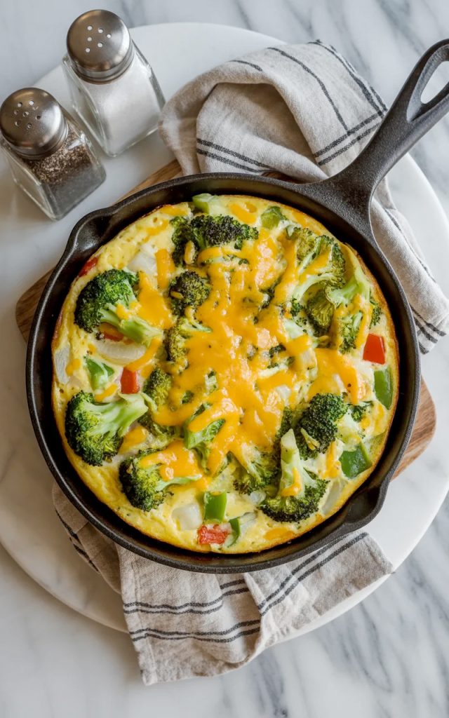 Golden baked vegetable frittata in a black cast iron skillet on a marble surface, loaded with broccoli, red and green bell peppers, and melted cheddar cheese on top