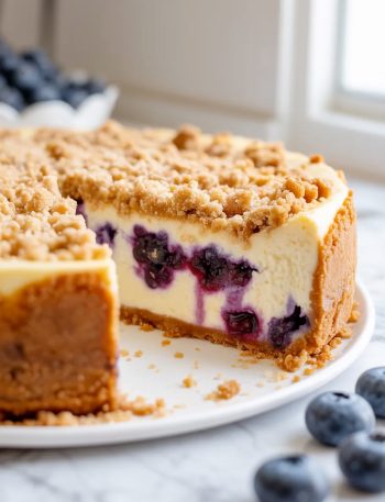 A whole blueberry crumble cheesecake on a white ceramic plate with one slice cut and pulled away showing the smooth creamy white cheesecake interior blueberry pockets and golden brown sugar crumble topping on a buttery graham cracker crust