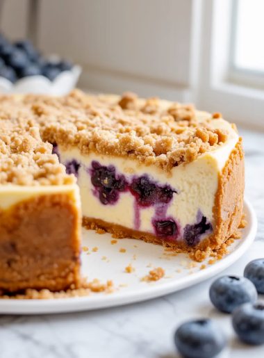 A whole blueberry crumble cheesecake on a white ceramic plate with one slice cut and pulled away showing the smooth creamy white cheesecake interior blueberry pockets and golden brown sugar crumble topping on a buttery graham cracker crust