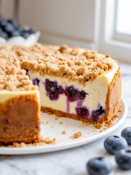 A whole blueberry crumble cheesecake on a white ceramic plate with one slice cut and pulled away showing the smooth creamy white cheesecake interior blueberry pockets and golden brown sugar crumble topping on a buttery graham cracker crust
