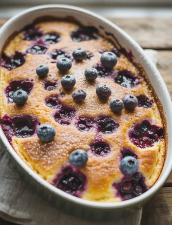 A white oval baking dish filled with a golden blueberry pancake casserole with a caramelized top surface covered in fresh blueberries and a light dusting of powdered sugar on a wooden surface