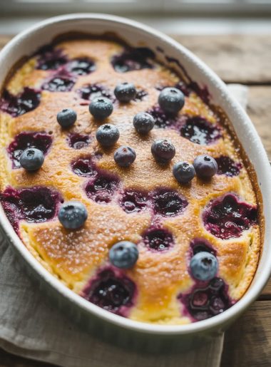 A white oval baking dish filled with a golden blueberry pancake casserole with a caramelized top surface covered in fresh blueberries and a light dusting of powdered sugar on a wooden surface
