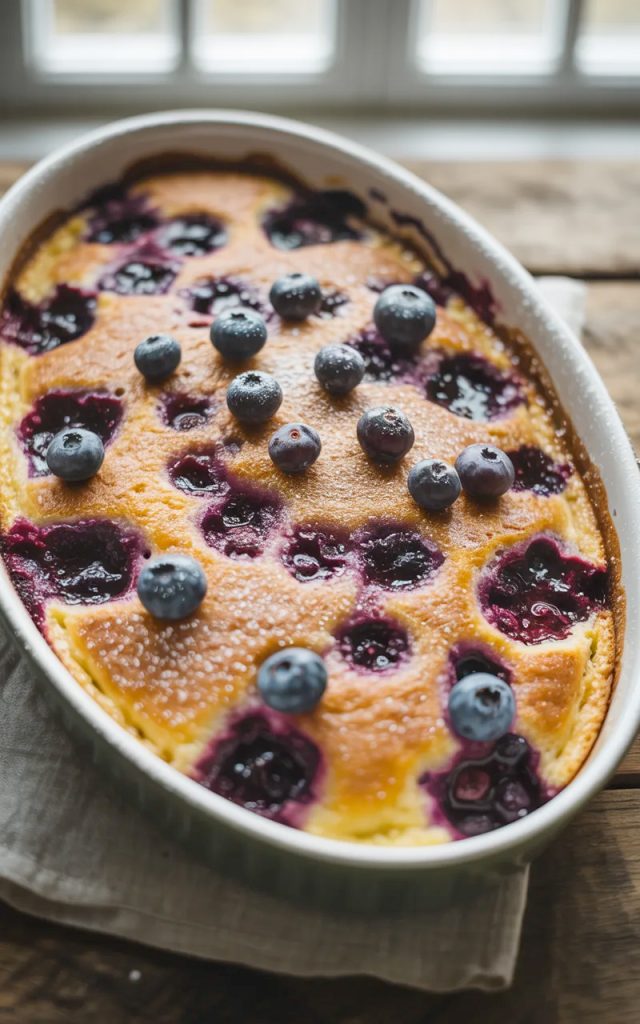 A white oval baking dish filled with a golden blueberry pancake casserole with a caramelized top surface covered in fresh blueberries and a light dusting of powdered sugar on a wooden surface