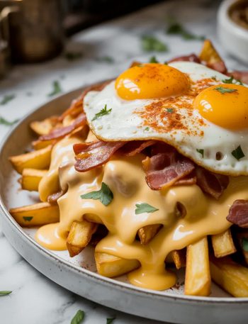 Angled close up of a generous pile of breakfast poutine on a large white ceramic plate showing crispy golden thick cut fries smothered in pale golden cheddar cheese sauce topped with crumbled crispy bacon two fried eggs with bright runny golden yolks smoked paprika and fresh chopped parsley