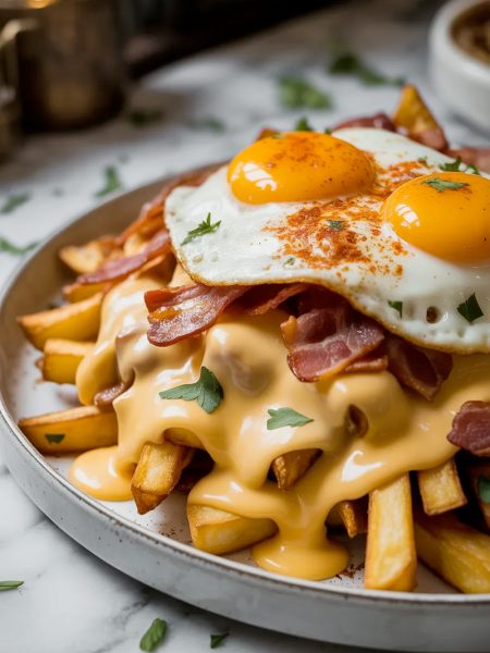 Angled close up of a generous pile of breakfast poutine on a large white ceramic plate showing crispy golden thick cut fries smothered in pale golden cheddar cheese sauce topped with crumbled crispy bacon two fried eggs with bright runny golden yolks smoked paprika and fresh chopped parsley