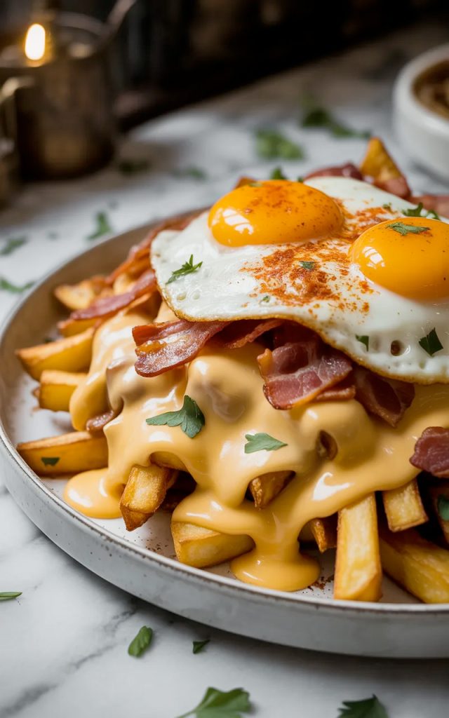 Angled close up of a generous pile of breakfast poutine on a large white ceramic plate showing crispy golden thick cut fries smothered in pale golden cheddar cheese sauce topped with crumbled crispy bacon two fried eggs with bright runny golden yolks smoked paprika and fresh chopped parsley