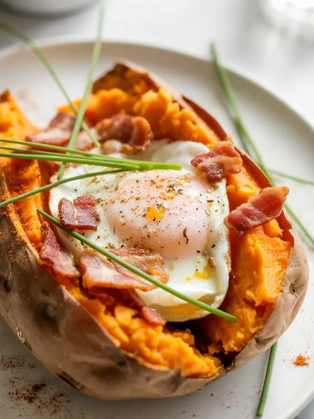 Close up of a baked sweet potato split open with a perfectly set egg nestled in the fluffy orange flesh, crumbled crispy bacon scattered around the egg, fresh chives and cracked black pepper on top, served on a white ceramic plate