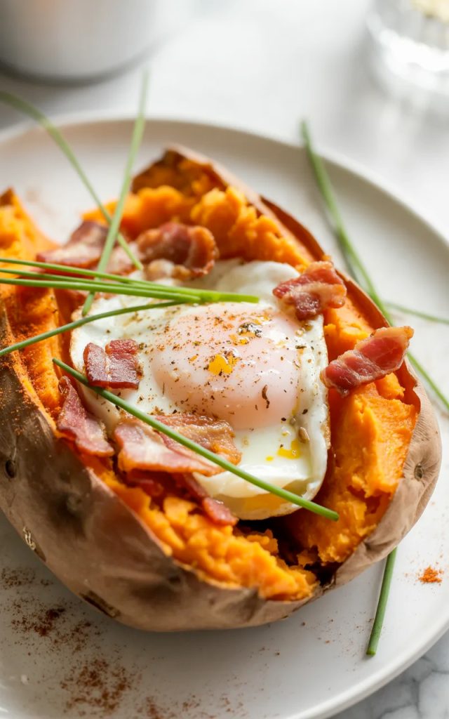 Close up of a baked sweet potato split open with a perfectly set egg nestled in the fluffy orange flesh, crumbled crispy bacon scattered around the egg, fresh chives and cracked black pepper on top, served on a white ceramic plate