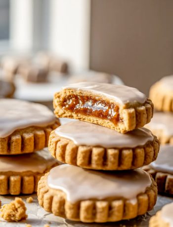 A stack of brown sugar pop tart cookies with cinnamon glaze on white parchment paper, one cookie broken in half showing the brown sugar cinnamon filling inside