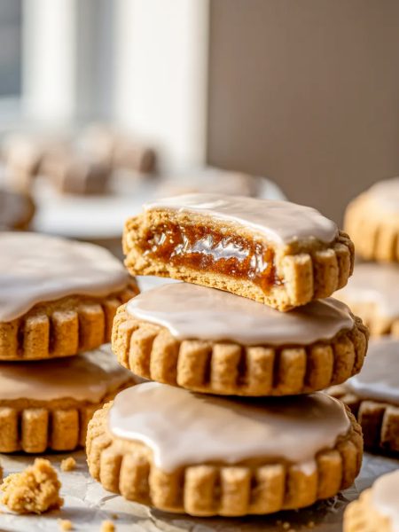 A stack of brown sugar pop tart cookies with cinnamon glaze on white parchment paper, one cookie broken in half showing the brown sugar cinnamon filling inside