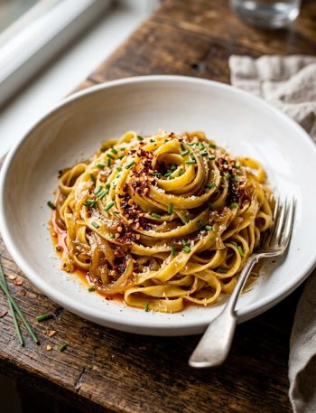A bowl of silky caramelized onion pasta with chilli oil garnished with fresh chives and parmesan