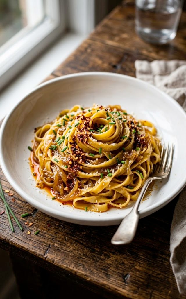 A bowl of silky caramelized onion pasta with chilli oil garnished with fresh chives and parmesan