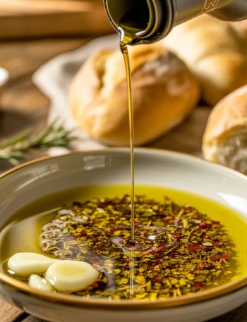 A white ceramic bowl filled with herb and spice bread dipping oil with golden extra virgin olive oil being poured over minced garlic and dried herbs with warm crusty bread rolls in the background