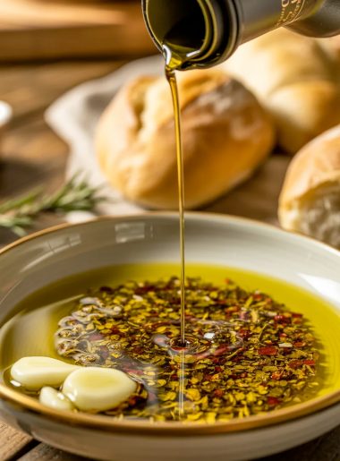 A white ceramic bowl filled with herb and spice bread dipping oil with golden extra virgin olive oil being poured over minced garlic and dried herbs with warm crusty bread rolls in the background