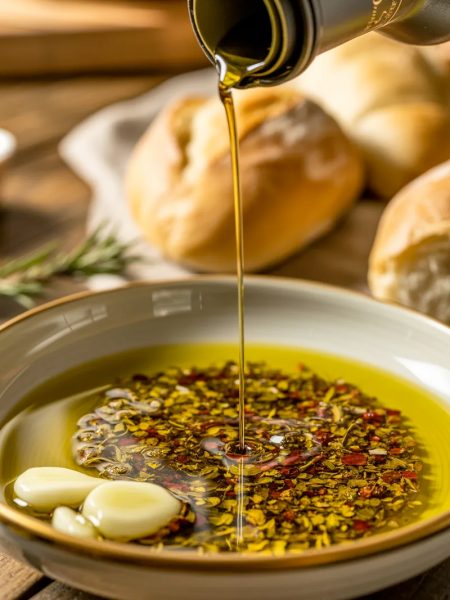 A white ceramic bowl filled with herb and spice bread dipping oil with golden extra virgin olive oil being poured over minced garlic and dried herbs with warm crusty bread rolls in the background