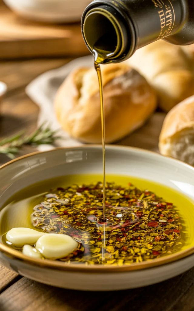 A white ceramic bowl filled with herb and spice bread dipping oil with golden extra virgin olive oil being poured over minced garlic and dried herbs with warm crusty bread rolls in the background